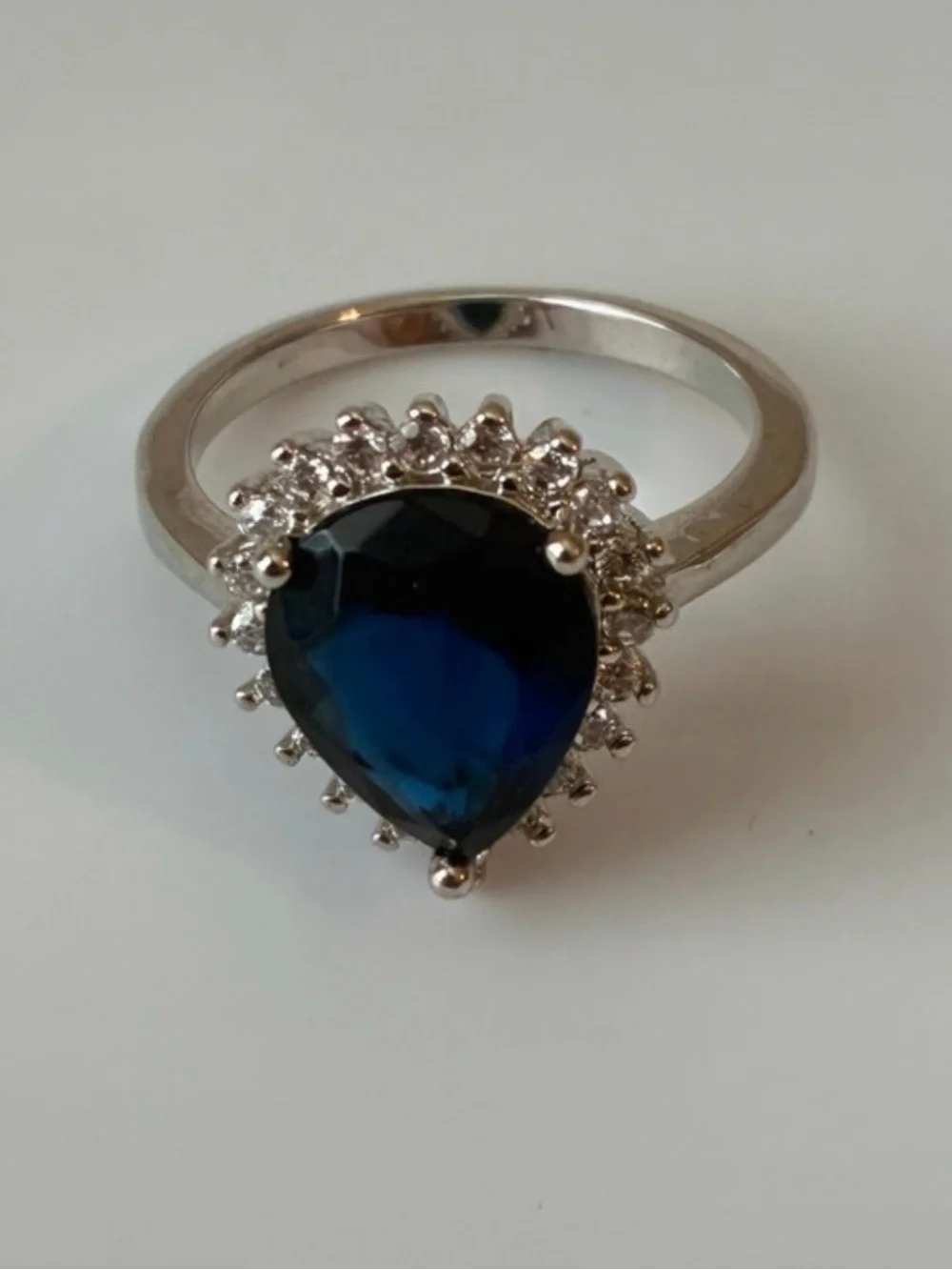 Vintage Pear-Shaped Blue Halo Ring - Stainless Steel, Size 6